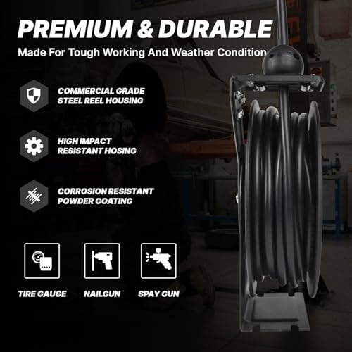 Retractable Air Hose Reel, 3/8 IN x50FT Hybrid Air Hose,Max 300 PSI, Air Compressor Hose Reel with 5 ft Lead in, Ceiling/Wall Mounted,Heavy Duty Air Tool - size: Standard