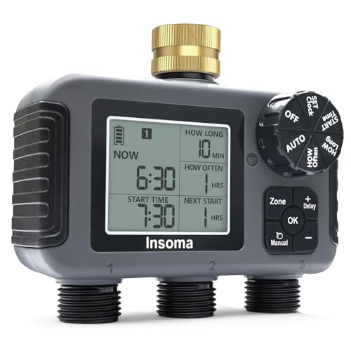 Insoma 3-Zone Sprinkler Timer with Brass Inlet + IPX5 Waterproof | Programmable Auto/Manual Irrigation Mode with Rain Delay & Large LCD | Water Hose Timer 3 Outlets for Garden, Lawn, Yard, Pool - size: 3 Zone-Brass Inlet