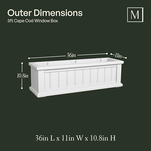 Mayne Cape Cod 3ft Window Box - White - 36in L x 11in W x 10.8in H - with 6.5 Gallon Built-in Water Reservoir (4840-W)