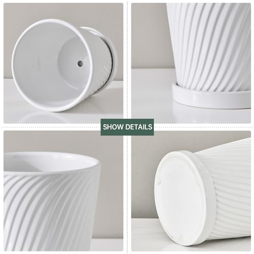 White 6 Inch Flower Pots for Plants,Ceramic Planter with Drainage Holes - color: White