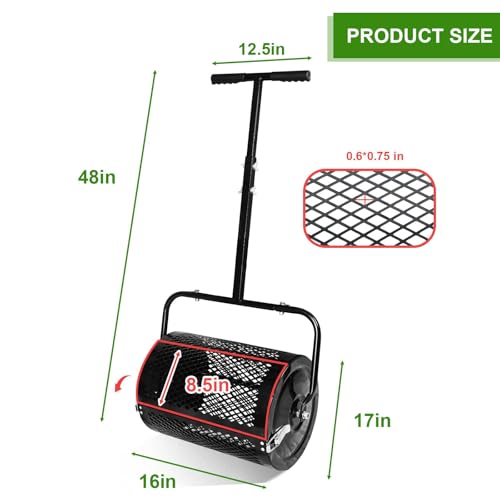 MAKEATREE 16 Inch Compost Spreader and Peat Moss Spreader, 16" Lawn and Garden Roller with Adjustable Handle, Steel Mesh Basket for Spreading Manure, Top Soil, Black - size: 16 Inches