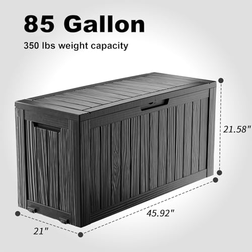 Outdoor Waterproof Resin Storage Deck Box Lockable Outside Bench UV Resistant Bin Patio Porch Furniture Pool Float Garden Tool Cushion (Black, 85 Gallon)