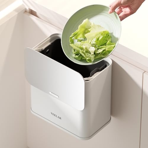 Hanging Stainless Steel Trash Can, 1.6 Gallon /6L Small Compost Bin for Kitchen Cabinet, Bathroom (White) - color: White, size: 1.6 Gallon (6L)