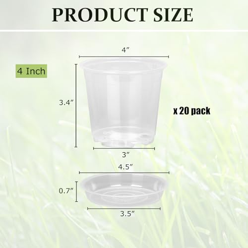 20 Pack 4 Inch Clear Nursery Pots with Drainage and Saucer, Clear Plastic Planter Pots for Plants, Flexible Seed Starting Pots for Succulents, Small Herbs, Annual Flowers (4 Inch) - size: 4 Inch