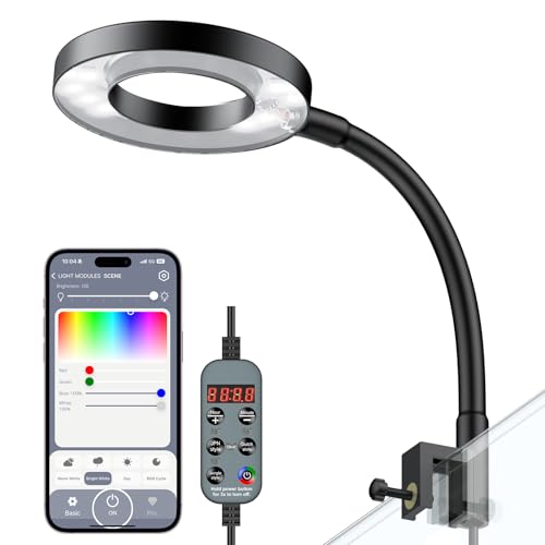Pawfly 6W Smart Bluetooth Fish Tank Clip Light, Full Spectrum LED Aquatic Light with 24-Hour Cycle Timer & Variable Brightness, USB Supply for 1-5Gal Small Tanks (Adapter Not Included) - size: For 1 to 5 Gallon Fish Tank(Bluetooth)