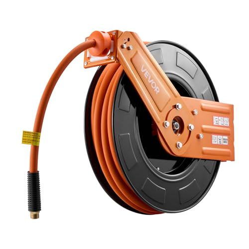VEVOR Retractable Air Hose Reel, 1/2 Inch x 65 FT Rubber Air Hose Max 300PSI, Auto Rewind Air-Compressor Hoses Reel with 5 ft Lead in, Ceiling/Wall Mount for Garage Workshops - size: 1/2 in x 65 ft