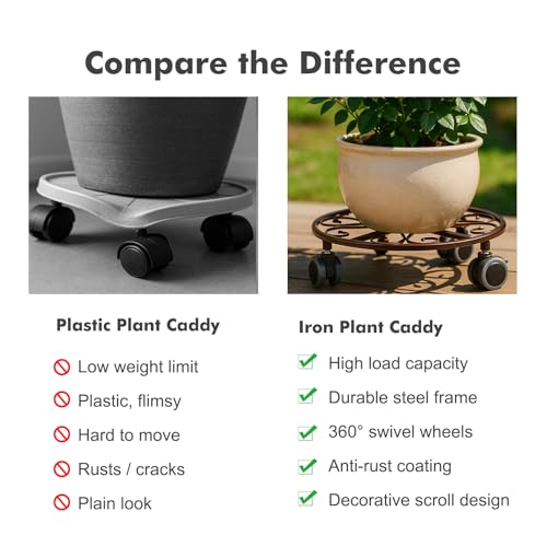 Planterhoma 3 Pack Plant Caddy with Wheels & Saucers, 11.8" Heavy Duty Metal Rolling Plant Stand, Plant Dolly with Lockable Casters, Rustproof Iron Planter Mover for Indoor Outdoor, Bronze - color: Bronze