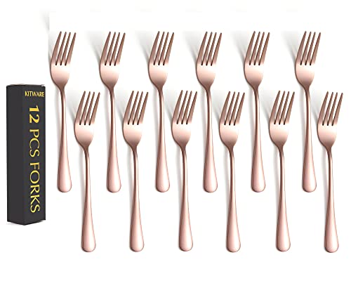 Rose Gold Fork Set of 12 Pieces, 6.8 inch Silverware forks, Stainless Steel Small Dinner forks, Kitchen Utensils for Home, Kitchen or Restaurant, Dishwasher Safe - size: Rose Gold Fork