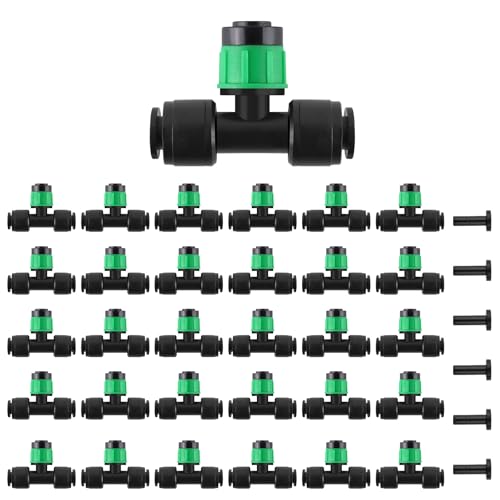 Kalolary 30Pcs Push-to-Fit Drip Irrigation Emitters for 1/4" Tubing - size: 1/4” Push-to-Connect Tee- Vortex- 30P Green