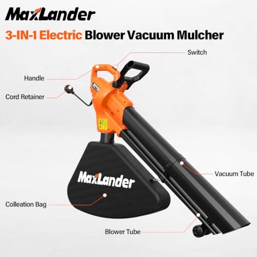 MAXLANDER 3 in 1 Electric Corded Leaf Blower, Leaf Vacuum and Leaf Mulcher - color: Amber