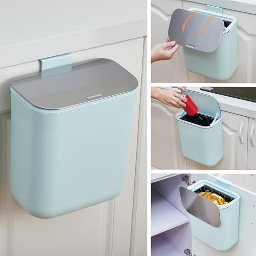 2.38 Gallon / 9 Liter Compost Bin Hanging Trash Can Stainless Steel Garbage Can with Stainless Steel Lid and Hanging Hook, for Kitchen、Bathroom& Offices, Green - color: Green, size: Large