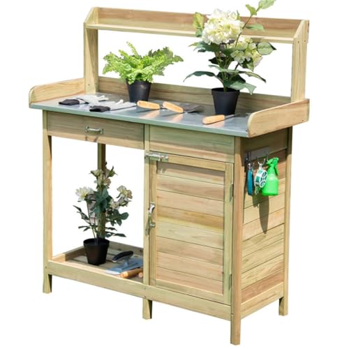 44-Inch Wooden Potting Bench with Galvanized Metal Tabletop, Garden Workbench with Storage Cabinet, Drawer, Hooks, Waterproof Surface for Greenhouse, Patio