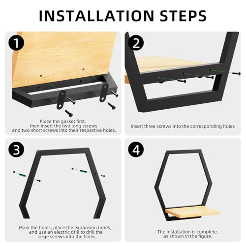 3 Pack Hexagon Wall Plant Stands, 9 Inch Wood Shelf Black - color: black