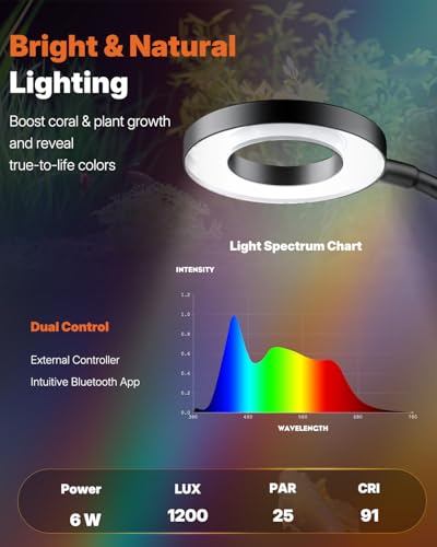 Pawfly 6W Smart Bluetooth Fish Tank Clip Light, Full Spectrum LED Aquatic Light with 24-Hour Cycle Timer & Variable Brightness, USB Supply for 1-5Gal Small Tanks (Adapter Not Included) - size: For 1 to 5 Gallon Fish Tank(Bluetooth)