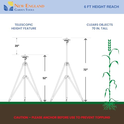 Heavy Duty Tripod Sprinkler 300003, Long Range Sprinkler with 100 FT Reach, 6 Feet Adjustable Tripod Height, 360ยฐ Range Control, for Farm, Lawn, Field, Orchard Irrigation by New England Garden Tools