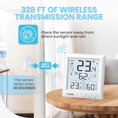 Indoor Outdoor Thermometer Wireless Weather Station (White) | Temperature Humidity Monitor Inside Outside Room Remote Digital Thermometers with 330ft Range Sensor Backlight Display