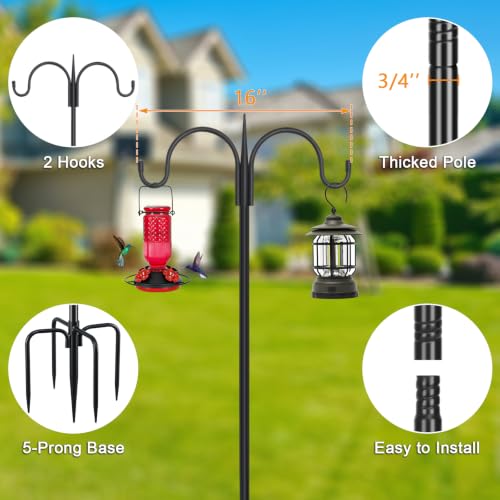 FEED GARDEN Heavy Duty Shepherds Hook 92" Double Hooks Adjustable (44/60/76/92") - Metal 5-Prong Base, 15lb Capacity - Easy Assembly Bird Feeder Pole for Hanging Planters, Lanterns, Wind Chimes - size: 92 Inch
