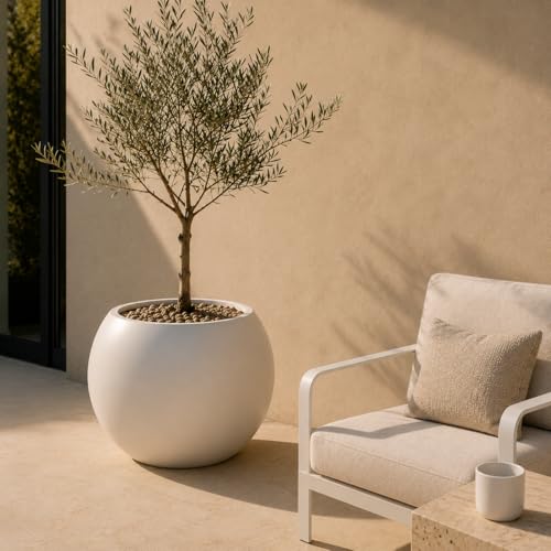 Marlo Fiberstone Round Planter, Matte Finishes (L, Cream White) - color: Cream White, size: 21.3"D x 16.5"H
