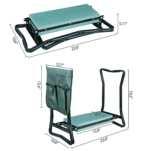 Folding Garden Kneeler Seat Garden Bench Stool with Handles, Multi-use Pouch, Heavy Duty Yard Gardening Chair with Soft Kneeling Pad,Green