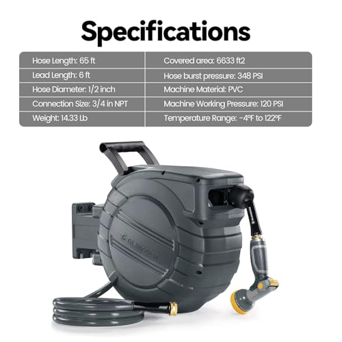 GLAHODEN 1/2 in x 65 ft Retractable Garden Hose Reel with Automatic Rewind - color: Dark Gray, size: 1/2" 65FT