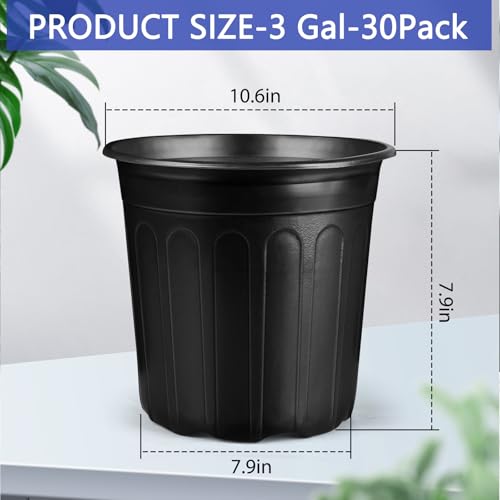 3 Gallon Pots for Plants, 10.6 Inch Gallon Nursery Pots with Drainage Holes, 3 Gallon Plastic Plant Pots for Cuttings, Seeding, Succulents, Transplanting - size: 3Gal-30pack