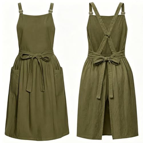 Apron for Women with Pockets Cotton Linen Metal Clip Adjust Kitchen Cooking Baking Gardening Dress Chef Apron - color: 1 Pack-dark Green