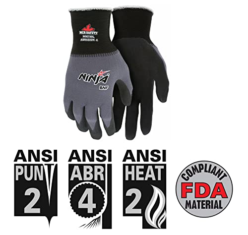 MCR Safety Ninja BNF N96790L Work Glove, 15 Gauge Nylon/Spandex Shell, Breathable Nitrile Foam (BNF) Coated Palm & Fingertips, Large, Black / Gray, Grey - size: Large