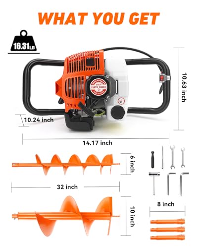 NEO-TEC 63CC Post Hole Digger Gas Powered Auger with 6"10" Bits & 3 Ext Bar - size: 63CC+6"+10"+3 Extension