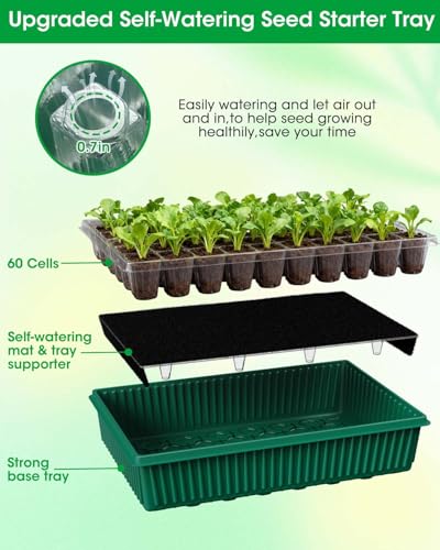 2PCS 120 Cell Self-Watering Seed Starter Tray Kit with Grow Light Humidity Dome,120-Cell Large Plant Seedling Tray, 3 Color Growing Light, Seed Starting Trays for Plant Germination(2PCS, 120 Cell)