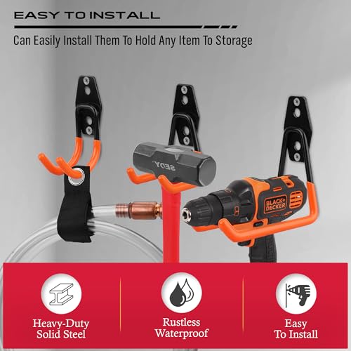 15-Piece Garage Wall Hooks with 3 Extension Straps, Orange Heavy Duty Tool Storage Rack for Ladder, Bike, Shovel, Garden Tools, Metal Wall Mount Organizer Set - style: 15-Pack Hooks + 3 Straps(orange)