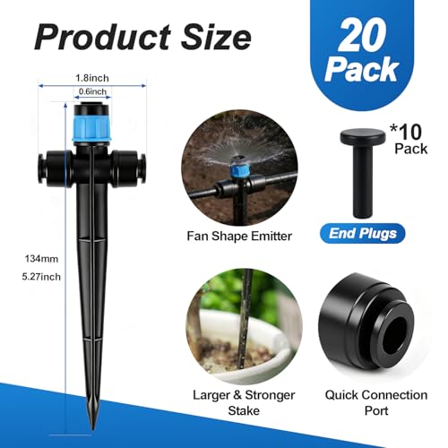 20 Pack Quick Connect 1/4 Inch Drip Irrigation Emitters, 1/4'' Drip in-line Pass Through Vortex Emitters Adjustable 360 Degree Dripline Stake Emitter with 10 Plugs for DIY Sprinkler Systems - color: Blue Vortex Emitter-2Way