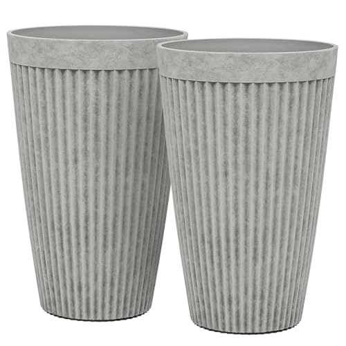 Autodaya 20" Resin Outdoor Tall Planters Set of 2, Ivory Fluted - color: Concrete Fluted-20"h