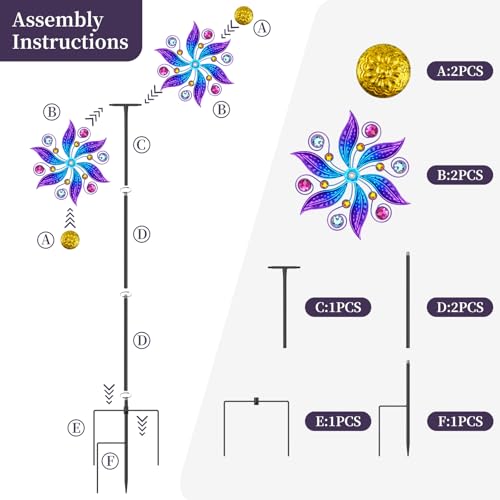 Violet Metal Wind Spinner Outdoor, Kinetic Yard Art with Stake