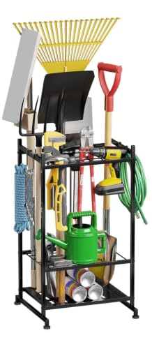 Garden Tool Organizer with Leveling Feet, Yard Tool Tower Rack for Garage Organization, Up to 25 Long-Handled Tools/Rakes/Brooms for Shed, Outdoor, Black