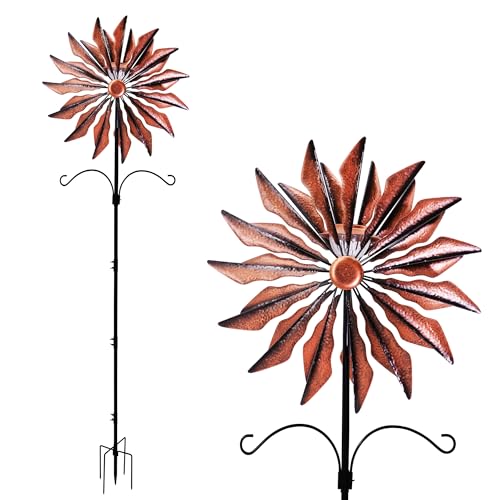 95 Inch Large Wind Spinner Outdoor Metal Garden Stake with Dual Hanging Hooks, Solar Powered Windmill Spinner for Yard & Patio, Heavy Duty Rustproof Kinetic Yard Art with Stable Ground Stake - color: Copper Blade