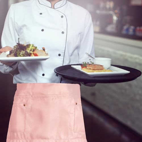 Server Apron with 5 Pockets - Rivet buckle Unisex Short/Half Waiter Waist Short Apron - color: Pink