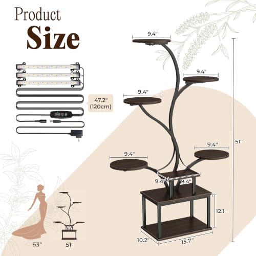 PRAISUN 51 Inch Plant Stand with Grow Lights, 8 Tiered Indoor Plant Shelf - color: Walnut