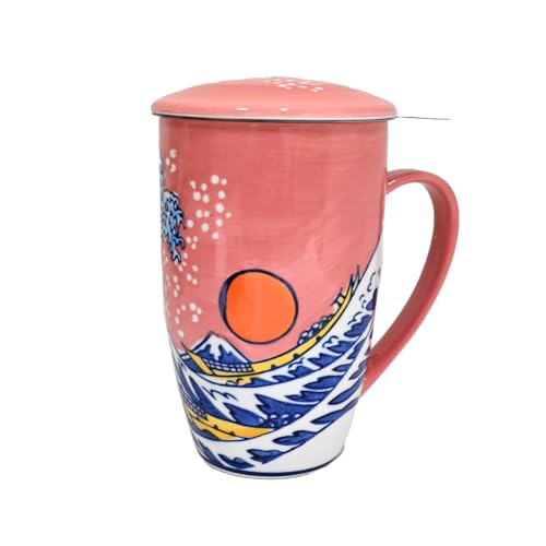 Tea Mug With Lid and Stainless Steel Infuser For Loose Leaf Tea Bag,15oz Tea Cup Porcelain, Hot Beverage Everyday Use Home Office, Gift Boxed (Sunset Wave) - style: Sunset Wave