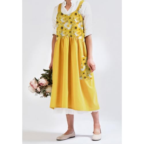 Cotton Linen Apron Cross Back Apron for Women with Pockets Pinafore Dress - color: 2 Pack-white+yellow