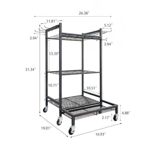 Garden Tool Organizer Rack with Wheels Up to 30-35 Tools, Heavy-Duty Steel Yard Tool Organizer for Garage Storage with 11 Hooks, Broom Holder & Garden Tool Rack for Shed, Patio, Lawn, Outdoor, Black