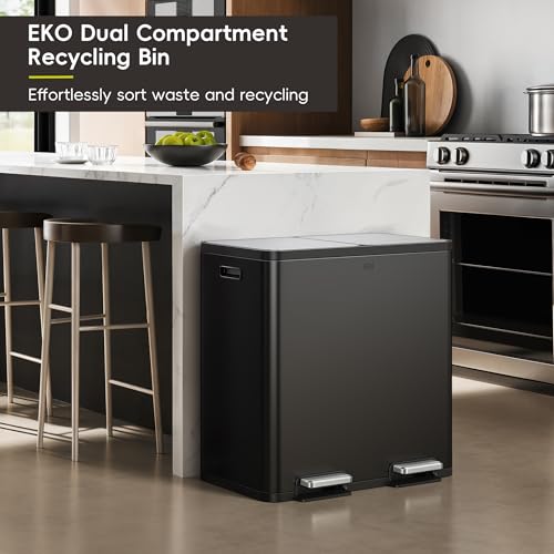 EKO EcoCasa Plus 2 x 10.6 Gal (2 x 40 L) Dual Trash Can for Kitchen, Large Stainless Steel Step-On Garbage Can, Trash and Recycle Bin Combo with Soft-Close Lids, Removable Buckets, Matte Black - color: Matte Black, size: 40L+40L