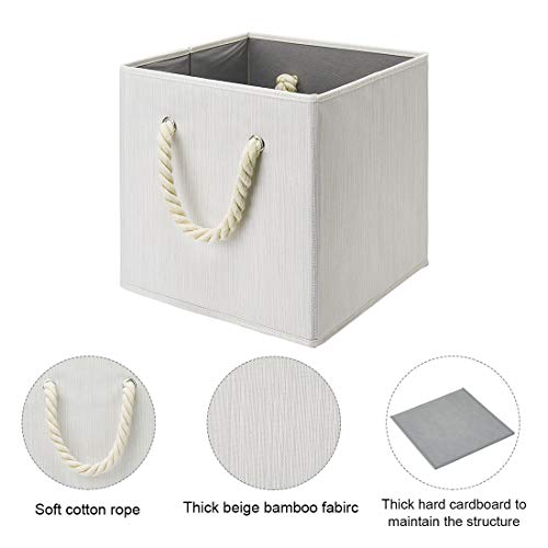 Foldable Storage Cube Bins Beige-White Bamboo Fabric Collapsible Resistant Basket Box Organizer with Cotton Rope Handle for Home Office and Nursery 10.5x10.5x11 inch