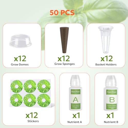 owltron 50 Pcs Hydroponic Seed Pods Kits, Grow Anything Kit Pod for Indoor Herb Garden with 12 Sponges, 2 A&B Nutrient Plant Food, 12 Baskets, 12 Stickers, 12 Germination Domes(Round)