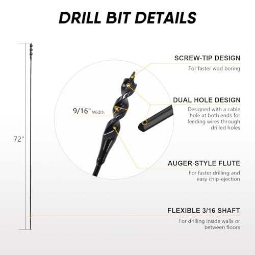 72" Flexible Installer Drill Bit for Pulling Wires in Walls, Ceilings, and Sidewalks, 9/16" Auger with Screw Point & Fish Eye, 3/16" 3-Flat Shank for Wood & Conduits, with Wire Puller & Storage Tube - size: 72in L