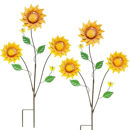 2-Pack Metal Flowers for Outside, 30-Inch Sunflower Yard Stakes - color: Yellow, Brown