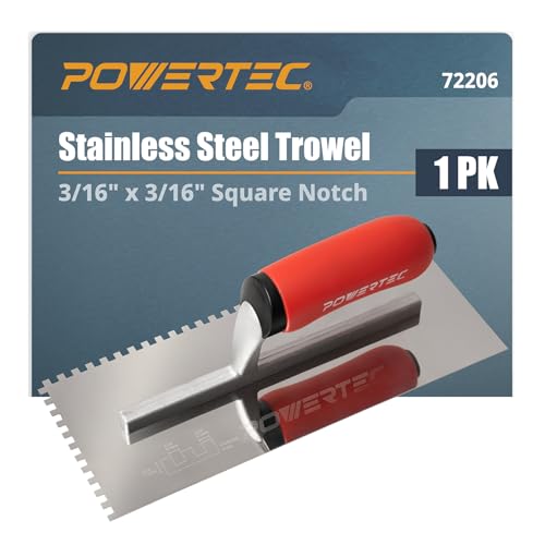 POWERTEC Square Notch Trowel - 3/16" x 3/16" Stainless Steel Square-Notch Tile Trowel with Soft Grip Handle for Thinset Mortar, Mastic & Tile Installation Work (72206) - style: 3/16" x 3/16" Square Notch