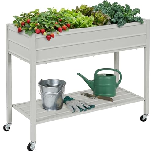 32" Tall Galvanized Raised Garden Bed with Legs Wheels & Shelf, Grey - color: Gray