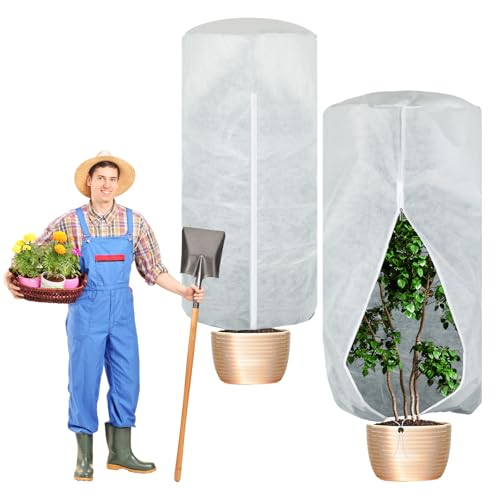 WILLBOND 2 Pcs 47 x 71 Inches Rounded Top Plant Covers Freeze Protection Frost Cloth with Zipper Drawstring Winter Cylindrical Frost Cloths Shrub Covers for Shrub Bush Fruit Tree Potted - size: 47 x 71 Inches