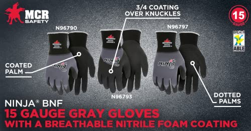 MCR Safety Ninja BNF N96790L Work Glove, 15 Gauge Nylon/Spandex Shell, Breathable Nitrile Foam (BNF) Coated Palm & Fingertips, Large, Black / Gray, Grey - size: Large