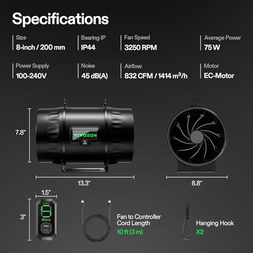 VIVOSUN T8 8" Inline Fan &Cycle Mode Speed Controller, 832 CFM Aerozesh Fan - color: Black Pro, size: 8"